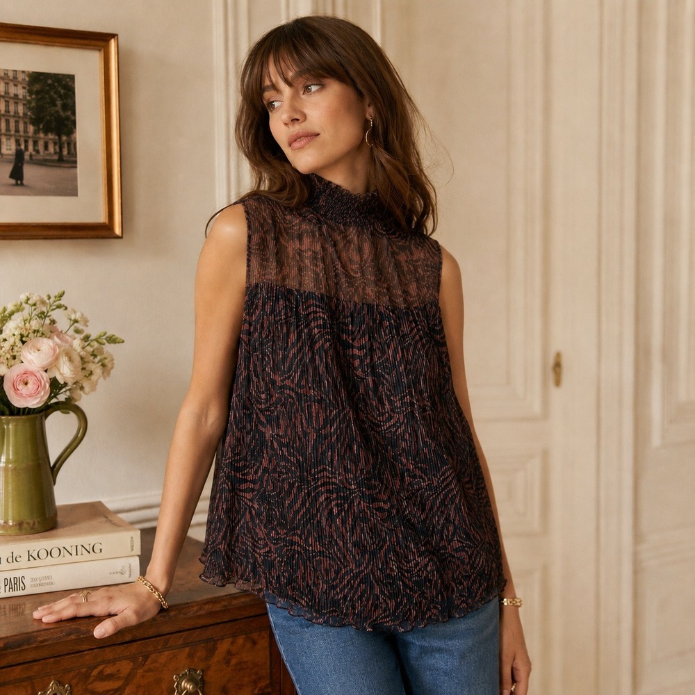 Adrianna‎ Papell Plisse Mock Neck Top Copper Black Animal Print XL NWT Mobwife